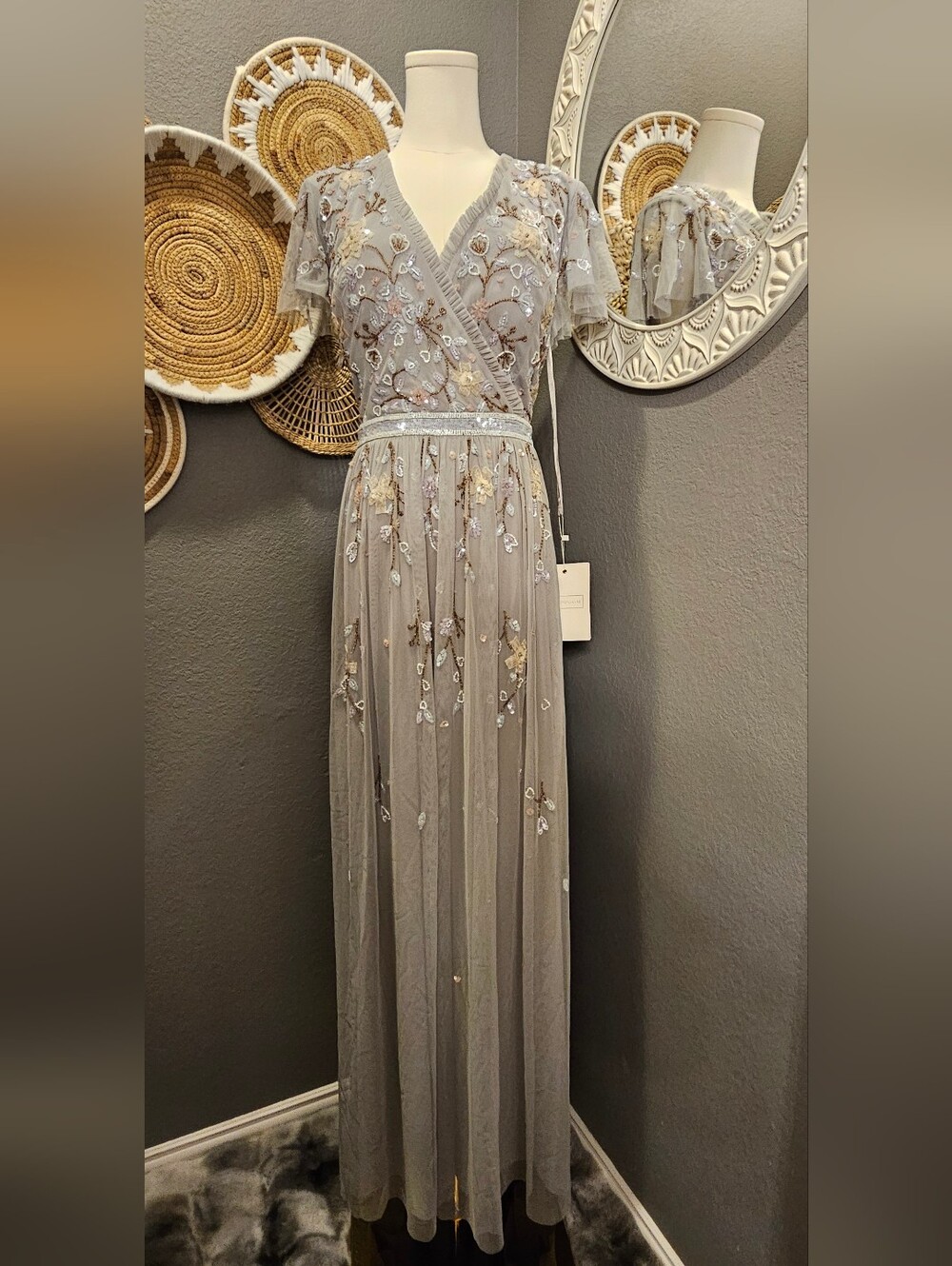 Mac Duggal-Elegant Platinum Floral Embroidered Dress- Style# 9138- Size 12